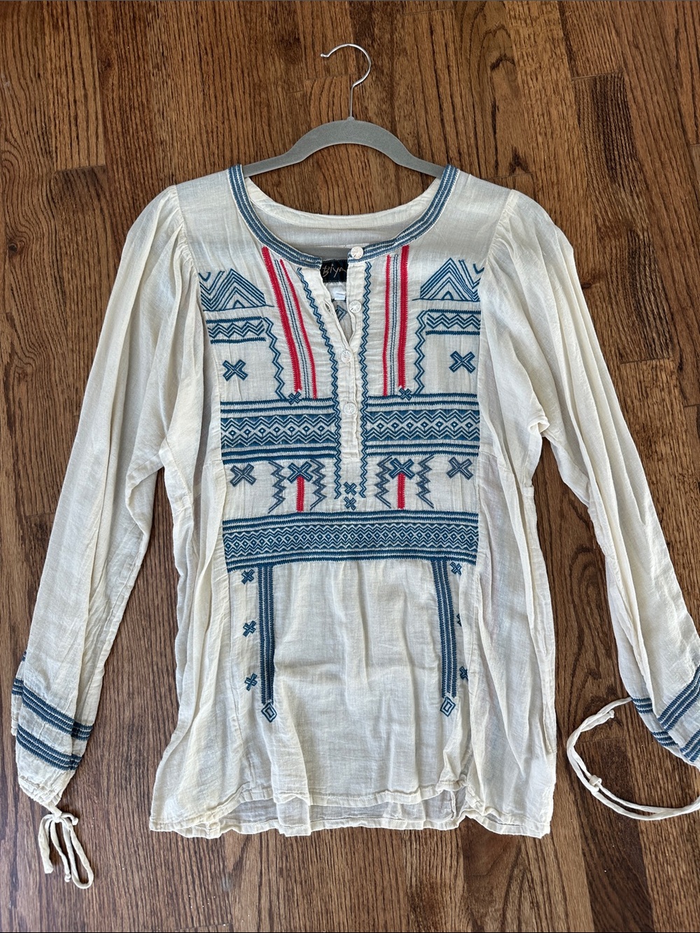 Biya by Johnny Was Boho Embroidered Tunic Top - White with Blue & Red Embroidery